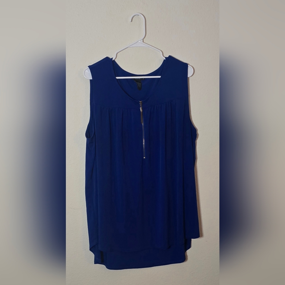 Grace Woman Royal Blue Sleeveless Zipper Flowy Business Casual Blouse 2X